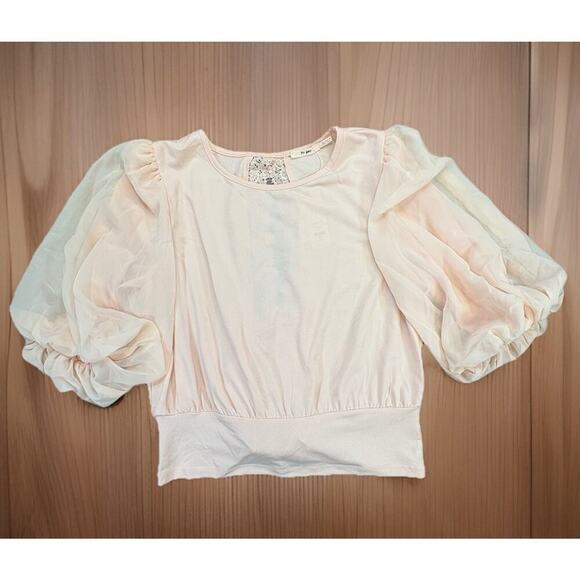 mi ami Tops - Francesca’s MI AMI Blush Crochet Puff Sleeve Tie Back Blouse Women’s SZ SM NWT